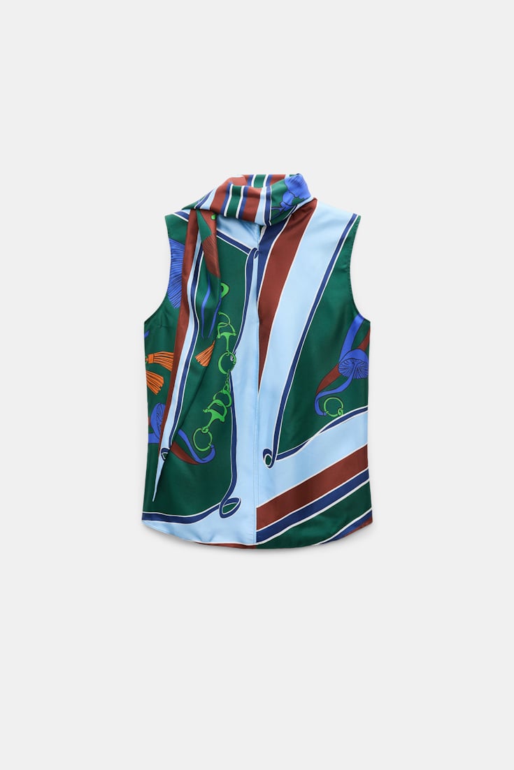 Dorothee Schumacher Sleeveless printed silk twill blouse colorful ribbon scarf