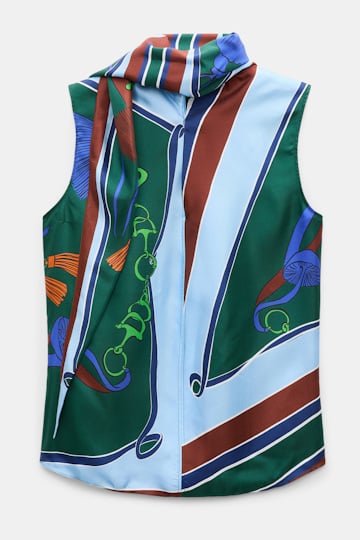 Dorothee Schumacher Sleeveless printed silk twill blouse colorful ribbon scarf