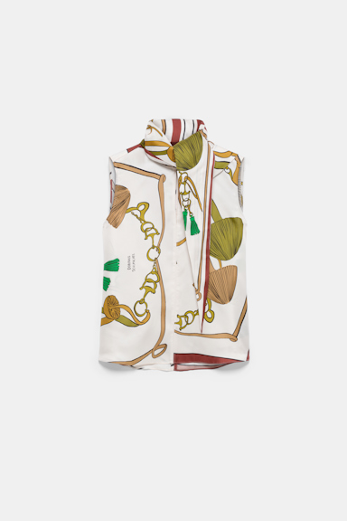 Dorothee Schumacher Sleeveless printed silk twill blouse Brown Ribbon scarf