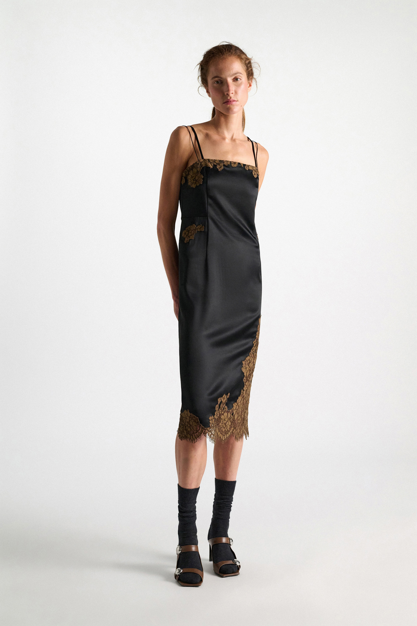 Dorothee Schumacher Technical satin lingerie dress with lace black