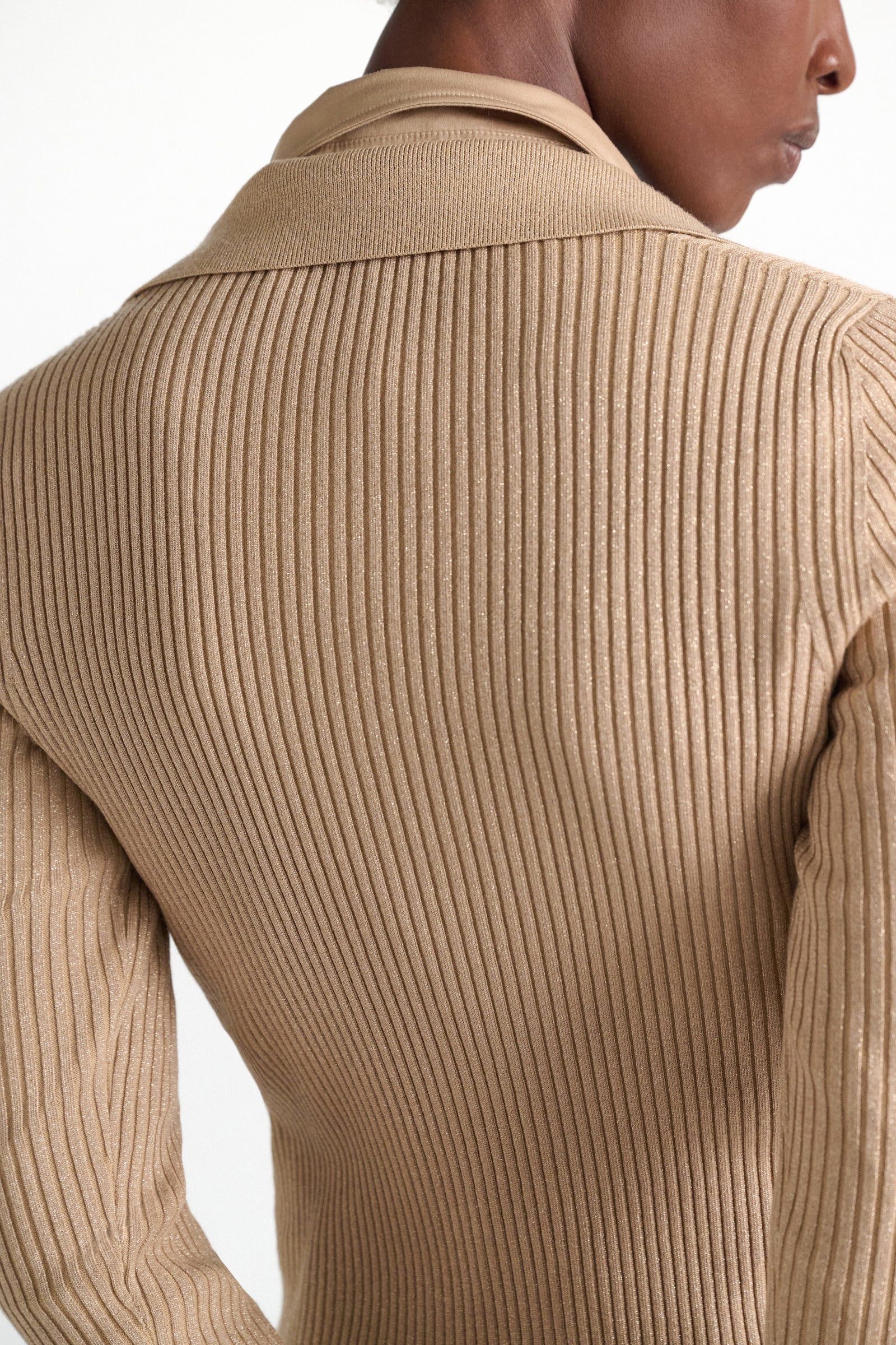 Dorothee Schumacher Pullover mit Polokragen aus einem Merino-Lurex-Mix almond Model Detail View