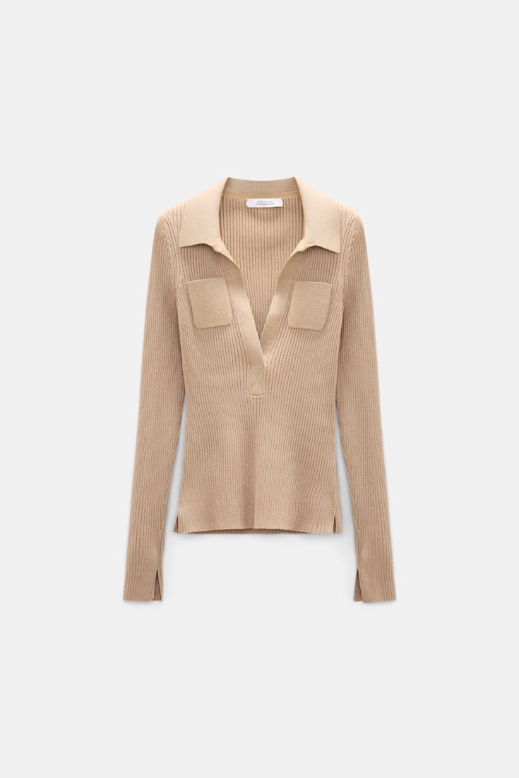 Dorothee Schumacher Pullover mit Polokragen aus einem Merino-Lurex-Mix almond Product Front View