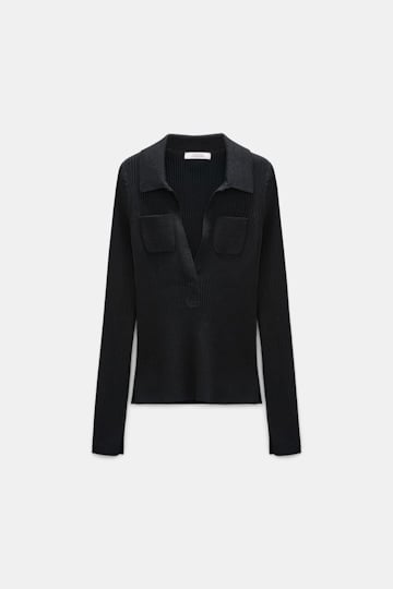 Dorothee Schumacher Pullover mit Polokragen aus einem Merino-Lurex-Mix vinyl black Product Front View