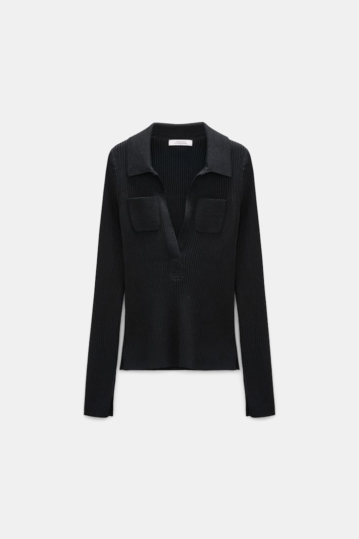Dorothee Schumacher Pullover mit Polokragen aus einem Merino-Lurex-Mix vinyl black Product Front View