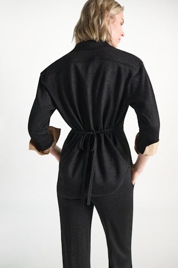 Dorothee Schumacher Shimmering Lurex-Merino knit cardigan vinyl black Model Detail View