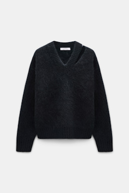 Dorothee Schumacher Fluffy Pullover mit V-Ausschnitt aus Merino und Kaschmir vinyl black