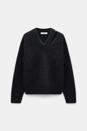 Dorothee Schumacher Fluffy knit V-neck pullover vinyl black Product Front View