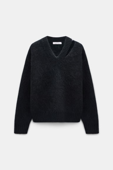 Dorothee Schumacher Fluffy Pullover mit V-Ausschnitt aus Merino und Kaschmir vinyl black