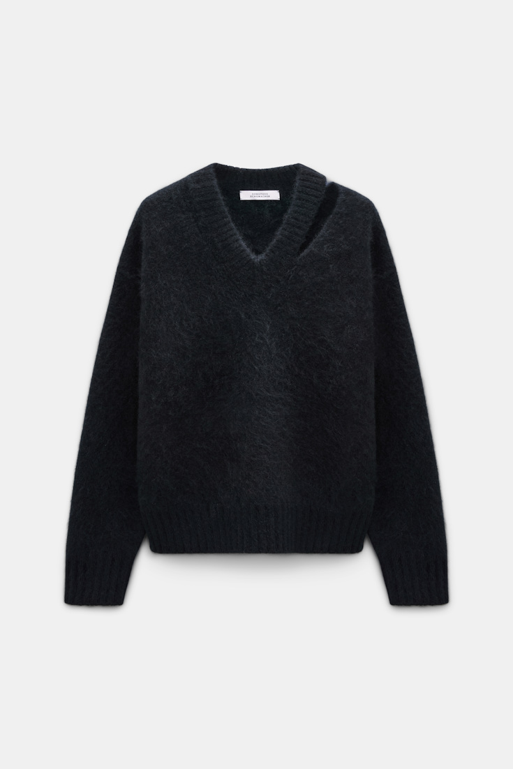 Dorothee Schumacher Fluffy Pullover mit V-Ausschnitt aus Merino und Kaschmir vinyl black Product Front View
