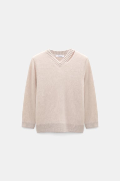 Dorothee Schumacher Fluffy Pullover mit V-Ausschnitt aus Merino und Kaschmir almond
