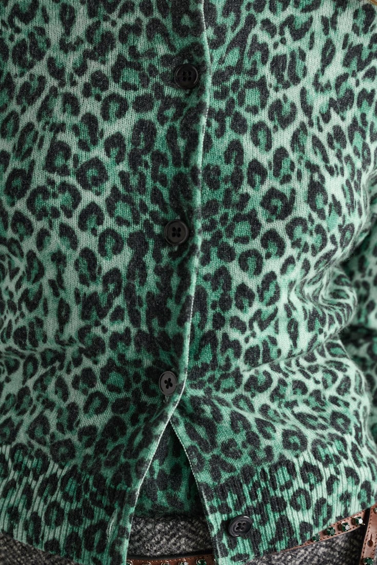 Dorothee Schumacher Merino-cashmere leopard print cardigan leo allover green Model Detail View
