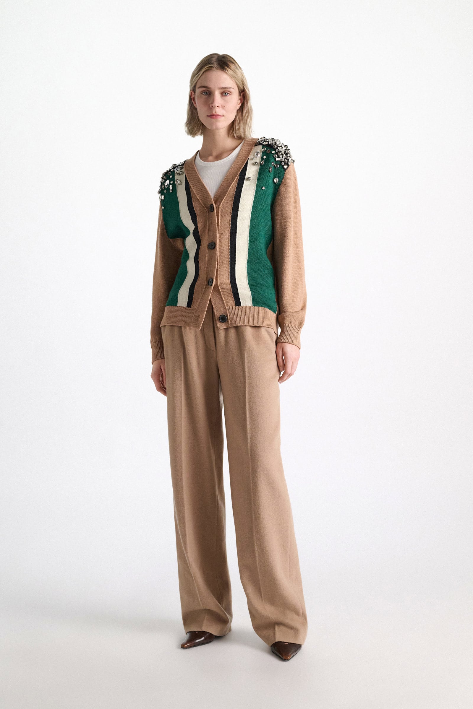 Dorothee Schumacher Verzierter Cardigan aus Merino beige green black stripe Model Front View