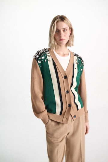 Dorothee Schumacher Embellished Merino cardigan beige green black stripe Model Detail View