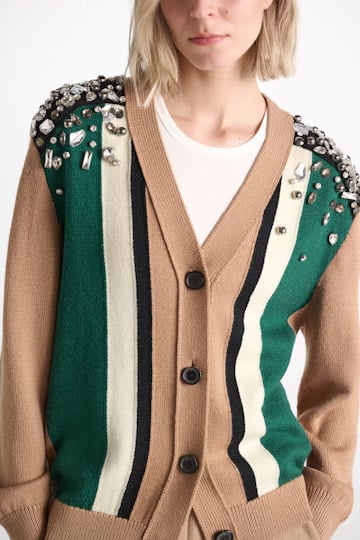 Dorothee Schumacher Embellished Merino cardigan beige green black stripe Model Detail View