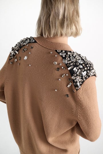 Dorothee Schumacher Embellished Merino cardigan beige green black stripe Model Detail View