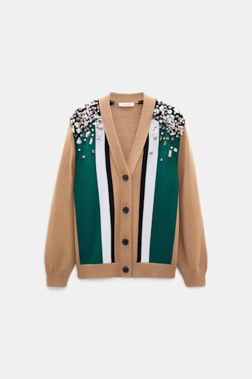 Dorothee Schumacher Verzierter Cardigan aus Merino beige green black stripe Product Front View