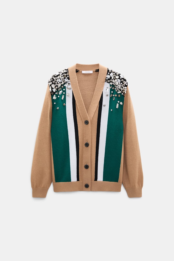 Dorothee Schumacher Verzierter Cardigan aus Merino beige green black stripe Product Front View
