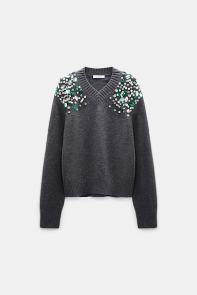 Dorothee Schumacher Verzierter V-Ausschnitt-Pullover aus Merino stereo grey
