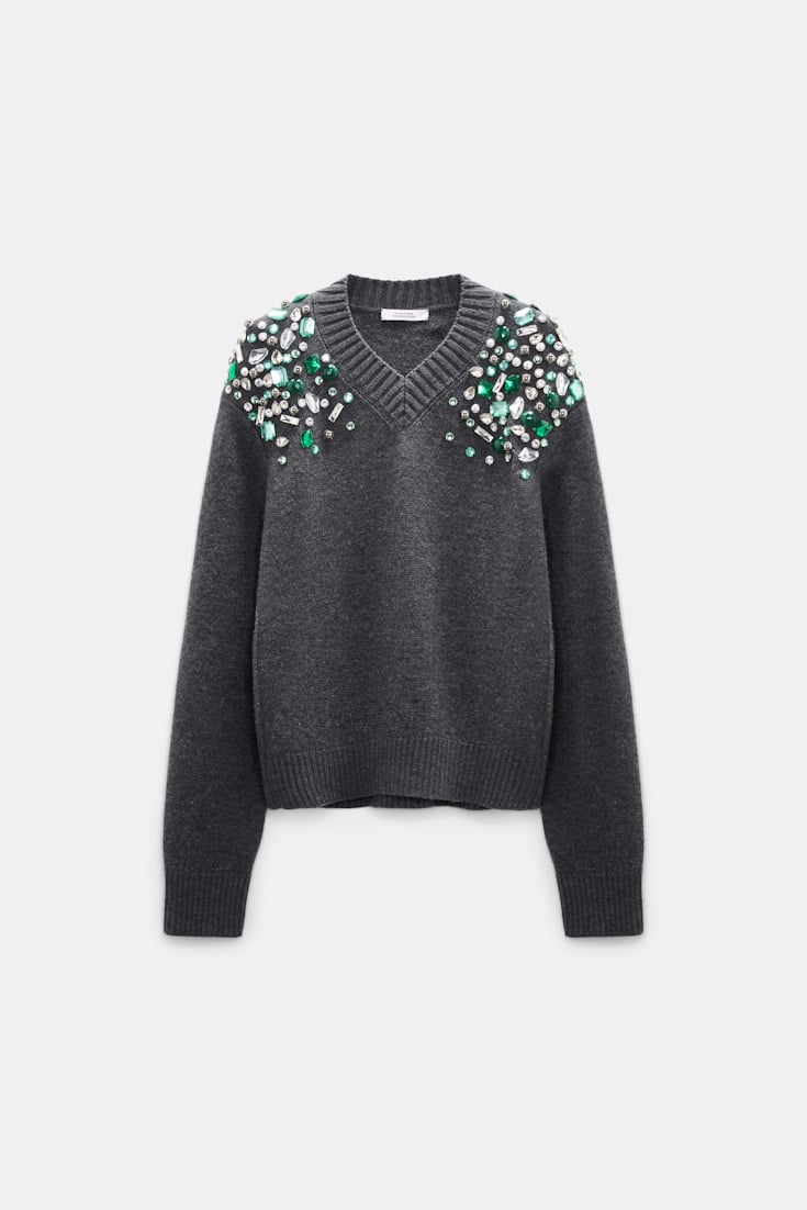 Dorothee Schumacher Verzierter V-Ausschnitt-Pullover aus Merino stereo grey Product Front View
