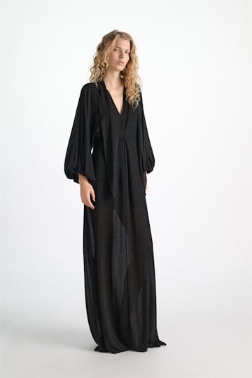 Dorothee Schumacher Bodenlanges Kleid aus Lurex-Jersey vinyl black Model Front View