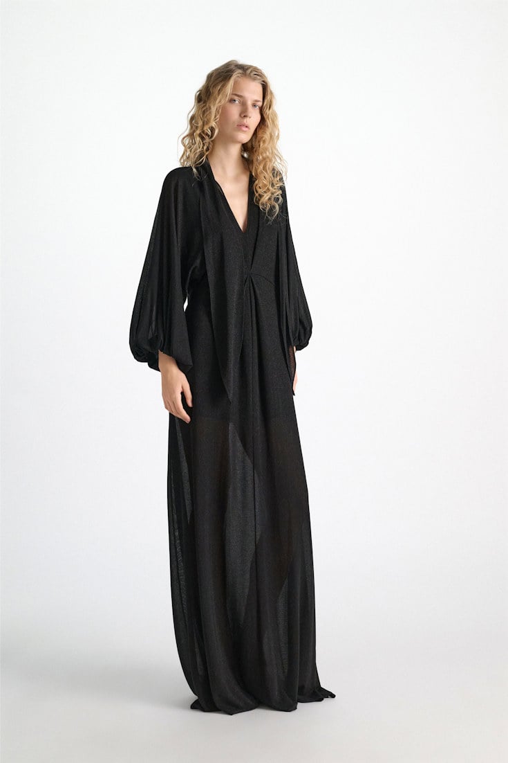Dorothee Schumacher Bodenlanges Kleid aus Lurex-Jersey vinyl black Model Front View