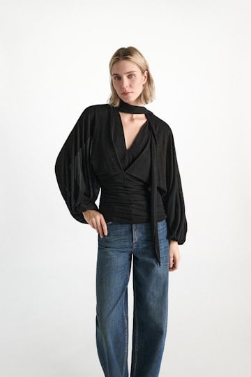 Dorothee Schumacher Tunika-Bluse aus Lurex-Jersey vinyl black Model Detail View