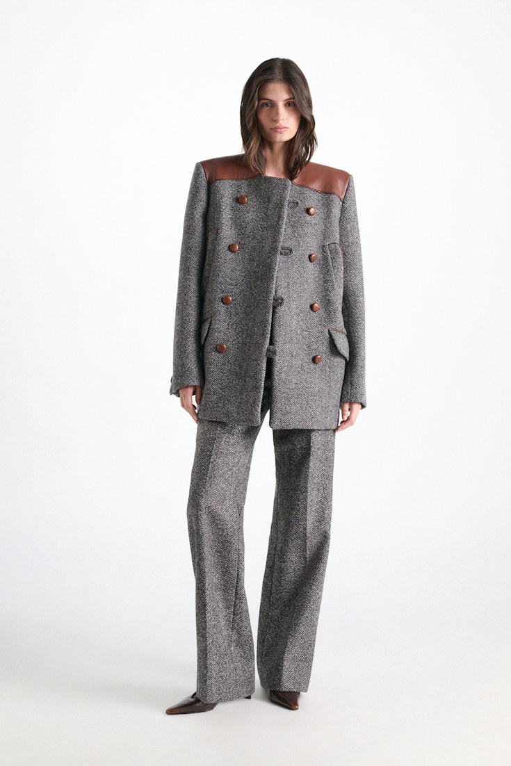 Dorothee Schumacher Virgin wool herringbone coat stereo grey herringbone Model Front View