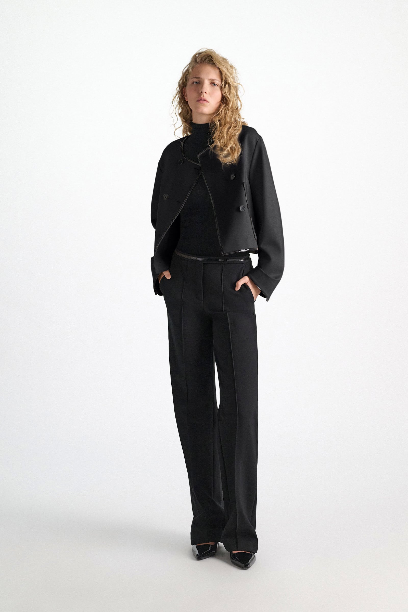 Dorothee Schumacher Wide leg pants in Punto Milano with patent vinyl black Model Front View