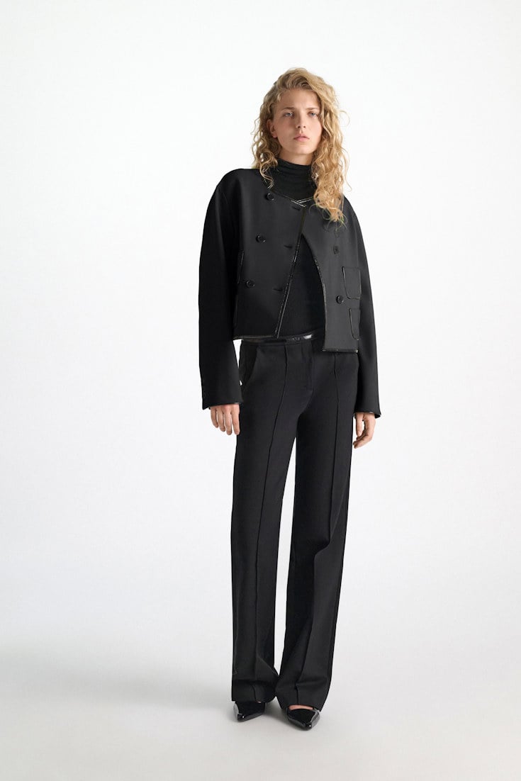Dorothee Schumacher Cropped jacket in Punto Milano with patent vinyl black Model Front View