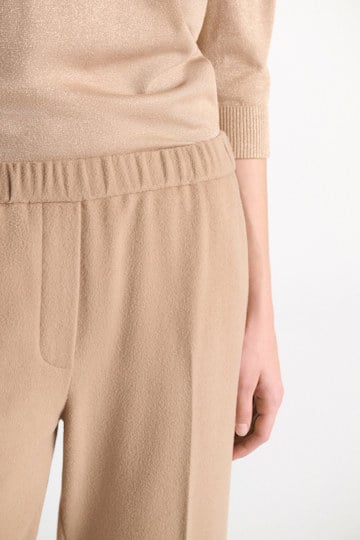 Dorothee Schumacher Wide leg track pants in brushed wool almond Model Detail View