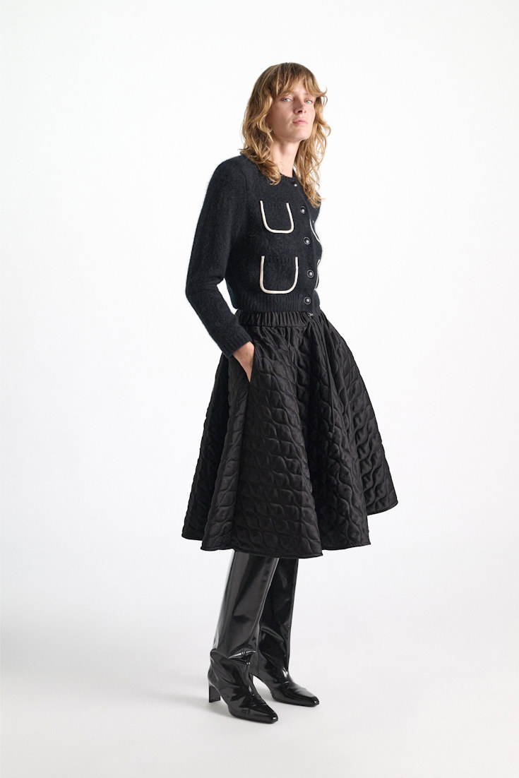 Dorothee Schumacher Quilted skirt in Japanese satin vinyl black Model Front View