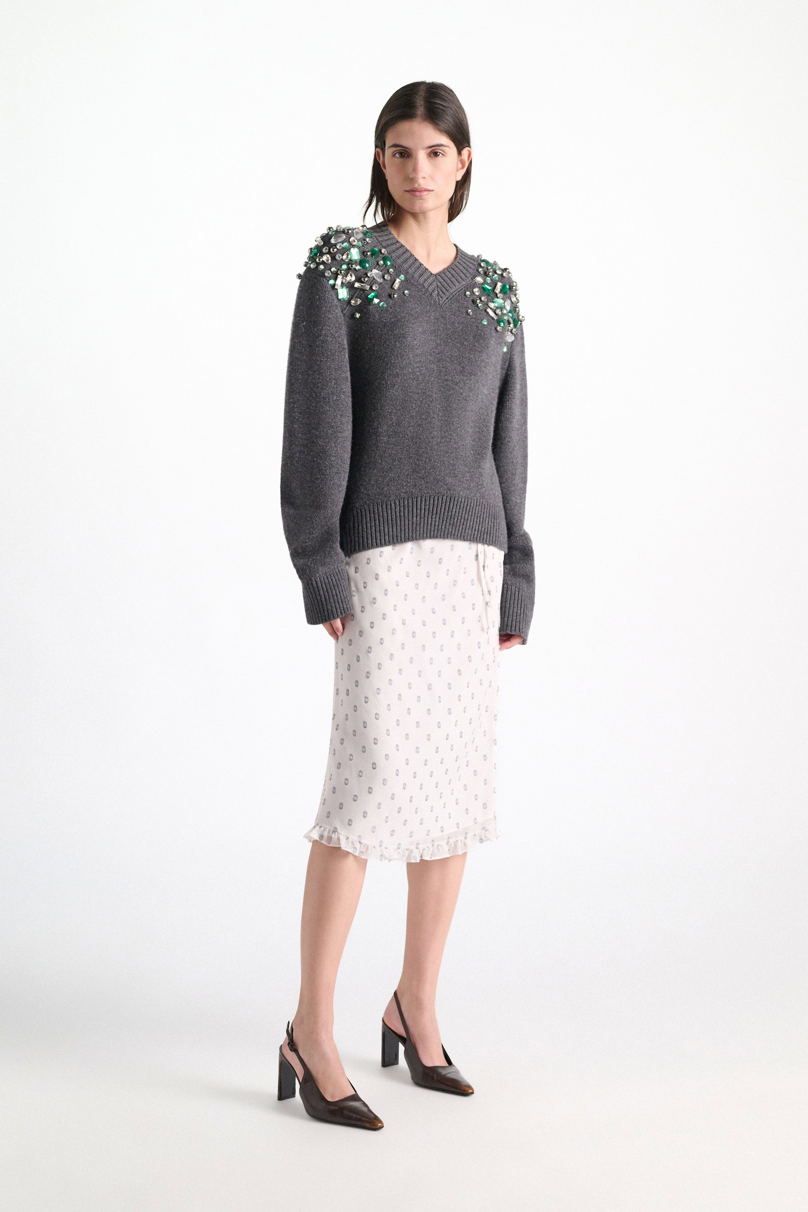 Dorothee Schumacher Shimmering silk georgette midi skirt camellia white Model Front View