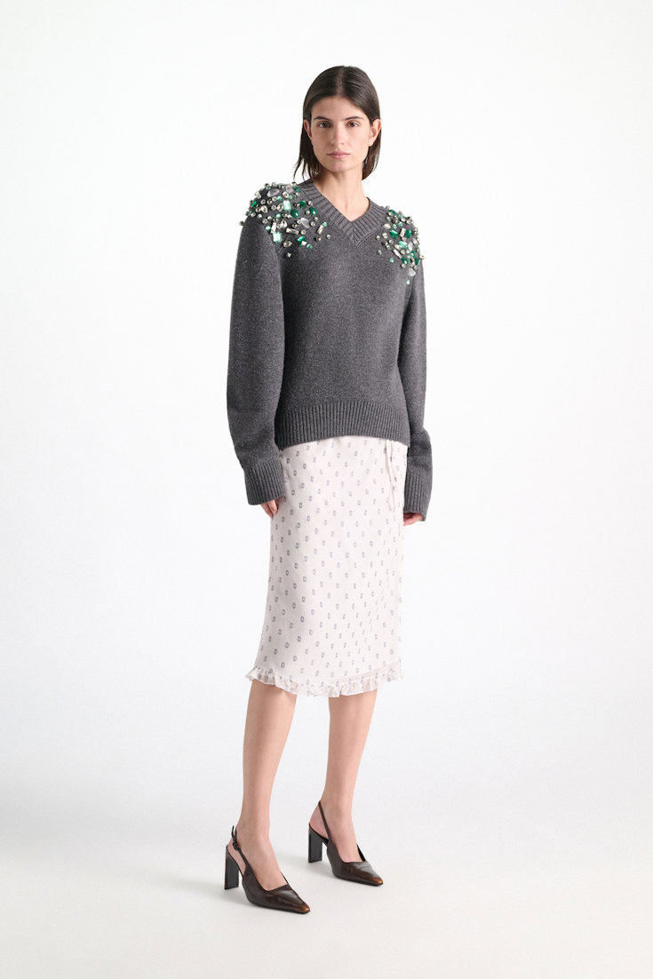 Dorothee Schumacher Shimmering silk georgette midi skirt camellia white Model Front View