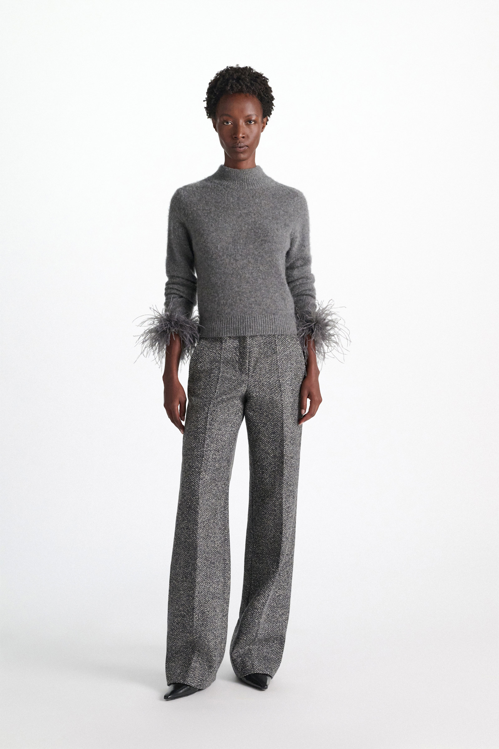 Dorothee Schumacher Ostrich feather cuffs grey Model Front View