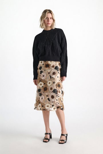 Dorothee Schumacher Midi-Rock mit dreidimensionaler Blumenstickerei multi flower camel Model Front View