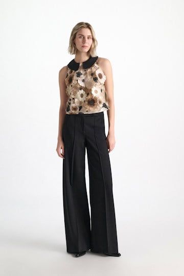 Dorothee Schumacher A-line top with 3D embroidery multi flower camel Model Front View