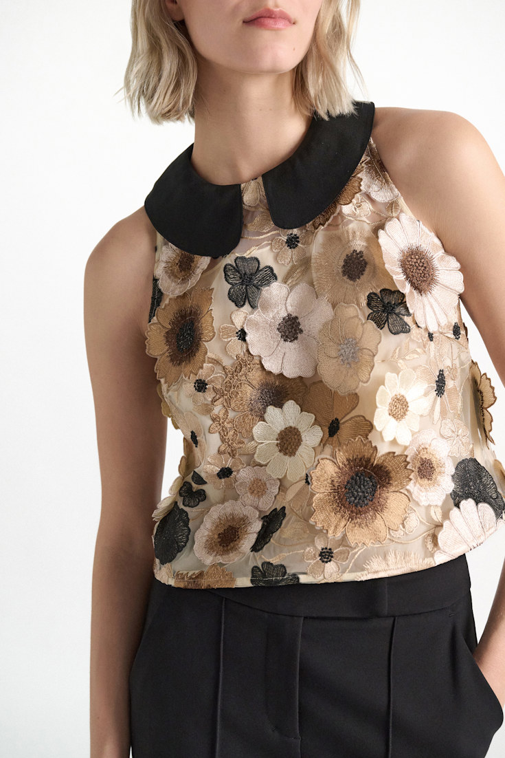 Dorothee Schumacher A-line top with 3D embroidery multi flower camel Model Detail View