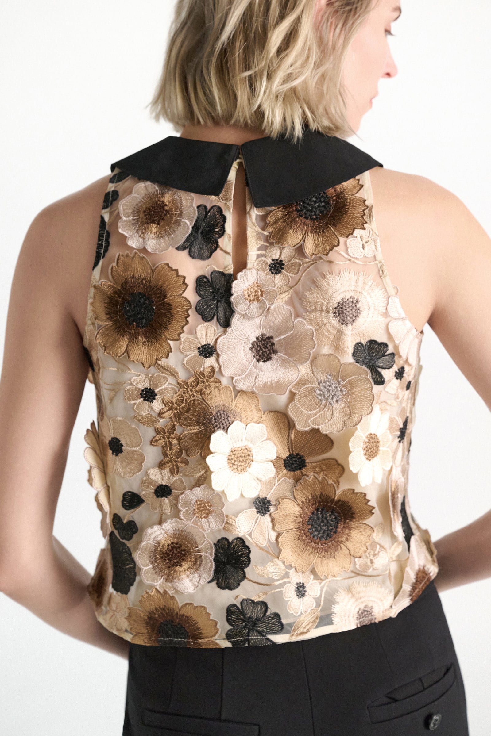 Dorothee Schumacher A-line top with 3D embroidery multi flower camel Model Detail View