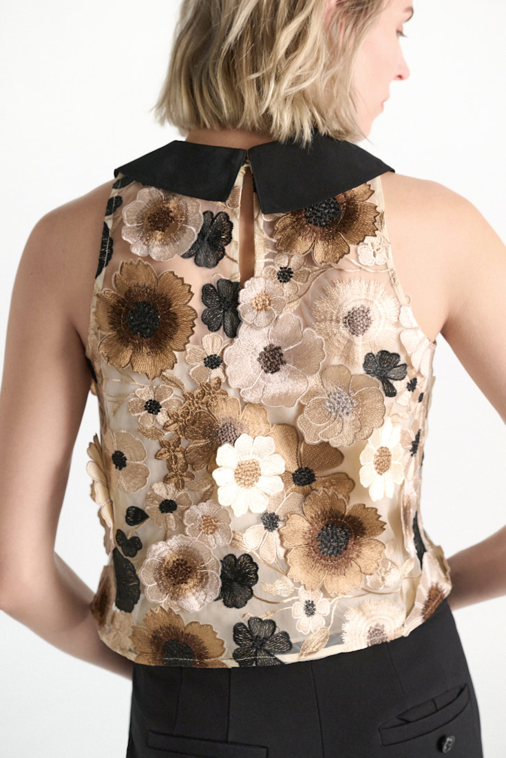 Dorothee Schumacher A-line top with 3D embroidery multi flower camel Model Detail View