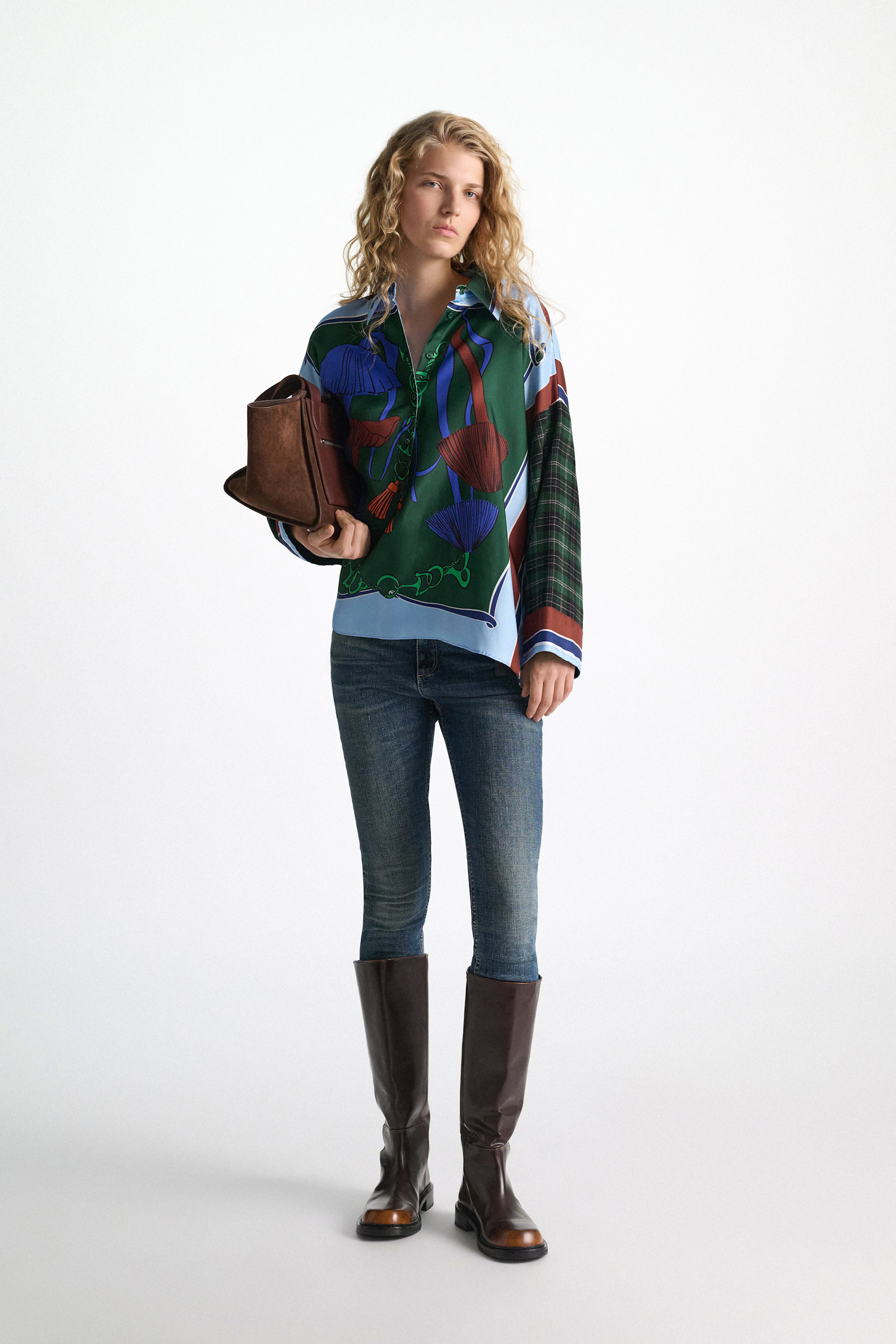 Dorothee Schumacher Oversized mixed print silk twill blouse fungus green Model Front View