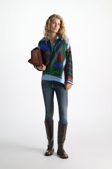 Dorothee Schumacher Oversized mixed print silk twill blouse fungus green Model Front View