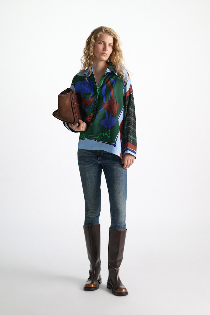 Dorothee Schumacher Oversized mixed print silk twill blouse fungus green Model Front View