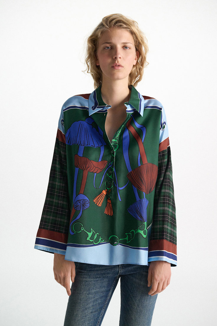 Dorothee Schumacher Oversized mixed print silk twill blouse fungus green Model Detail View