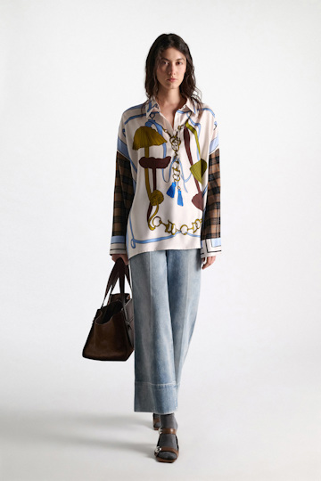 Dorothee Schumacher Oversized mixed print silk twill blouse Blue Ribbon scarf Model Front View