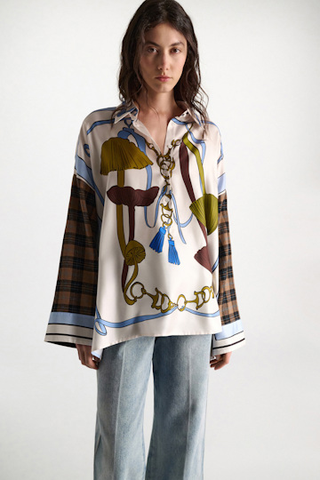 Dorothee Schumacher Oversized mixed print silk twill blouse Blue Ribbon scarf Model Detail View
