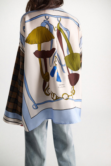 Dorothee Schumacher Oversized mixed print silk twill blouse Blue Ribbon scarf Model Detail View