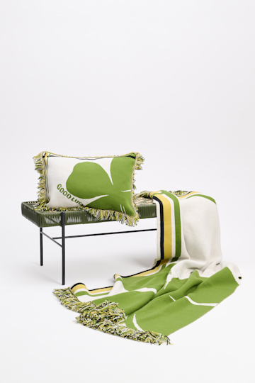 Dorothee Schumacher Wool blanket with GOOD LUCK clover motif marrocan green/white