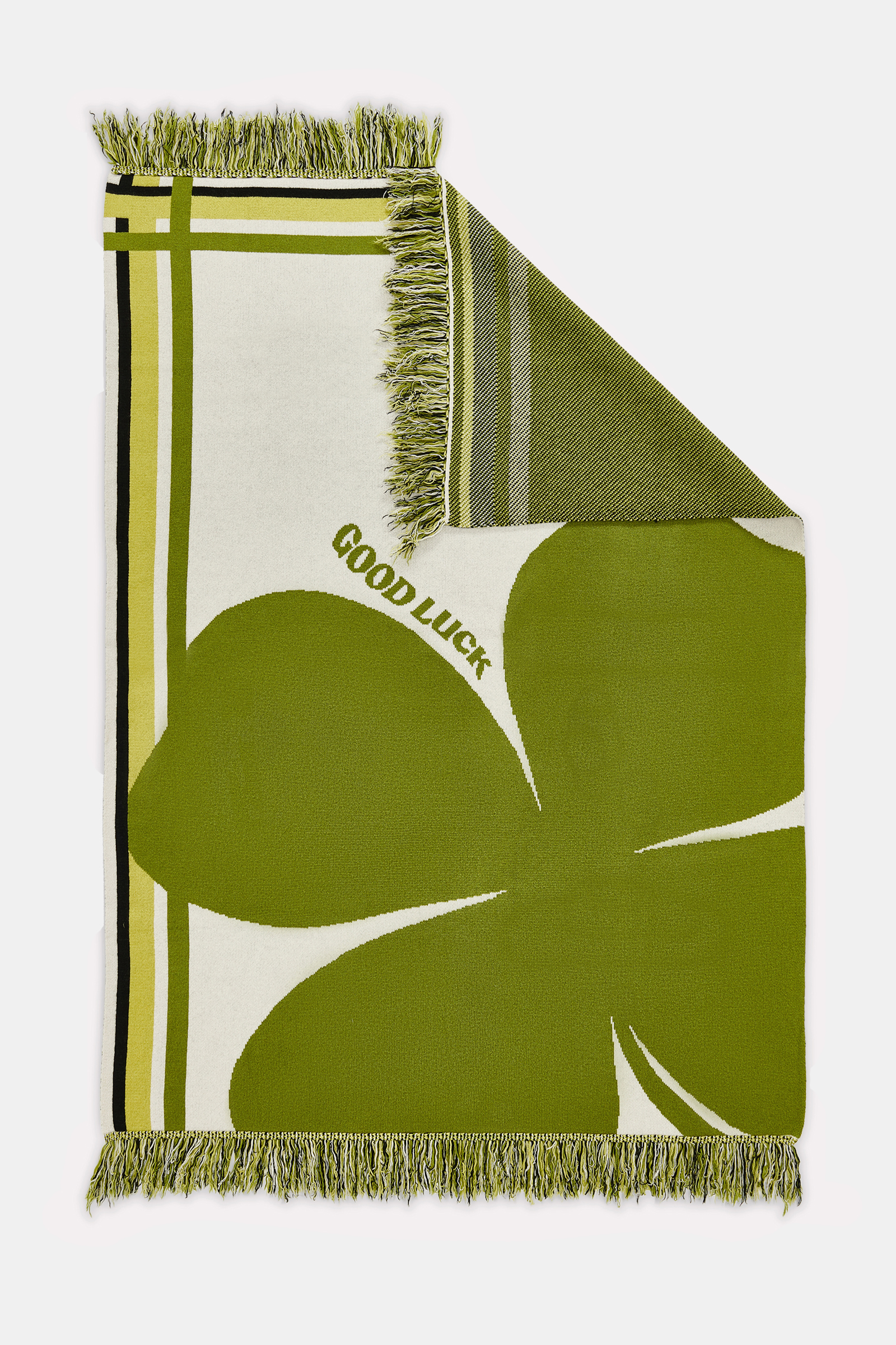 Dorothee Schumacher Wolldecke mit Kleeblatt und GOOD LUCK Motiv marrocan green/white