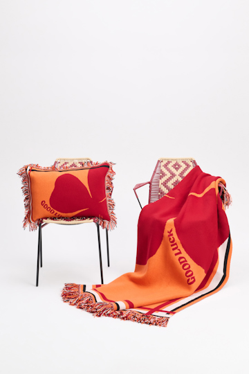 Dorothee Schumacher Wool blanket with GOOD LUCK clover motif mix orange/verde/militar