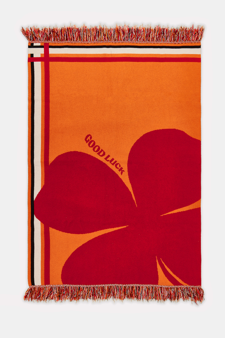 Dorothee Schumacher Wool blanket with GOOD LUCK clover motif orange verde militar mix